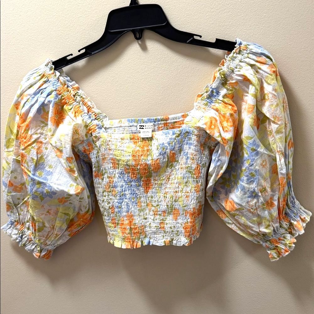 Billabong Feeling Groovy puff sleeve crop top multicolor floral smocked Small